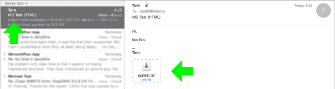 Received HTML mail with Mail Drop attachment